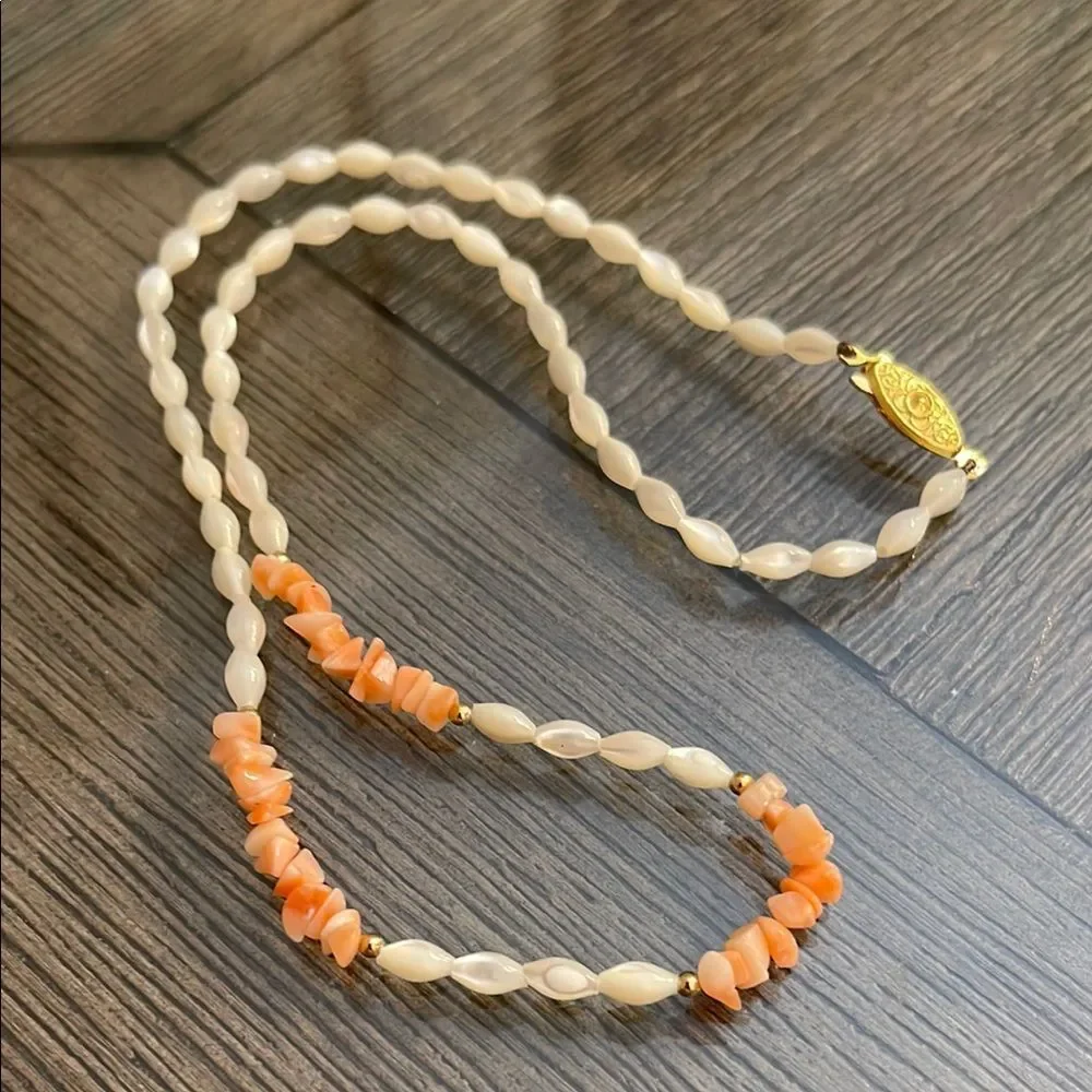 Vintage Lucoral Single Strand Coral & Mother of Pearl Necklace Rice Beads